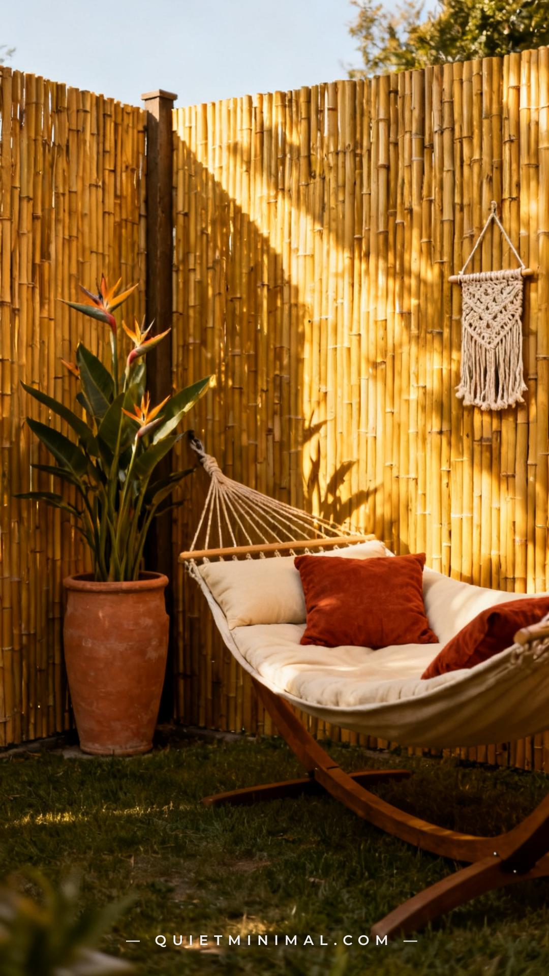 A wide vertical photograph establishes a backyard lounge zone from a medium-wide angle
