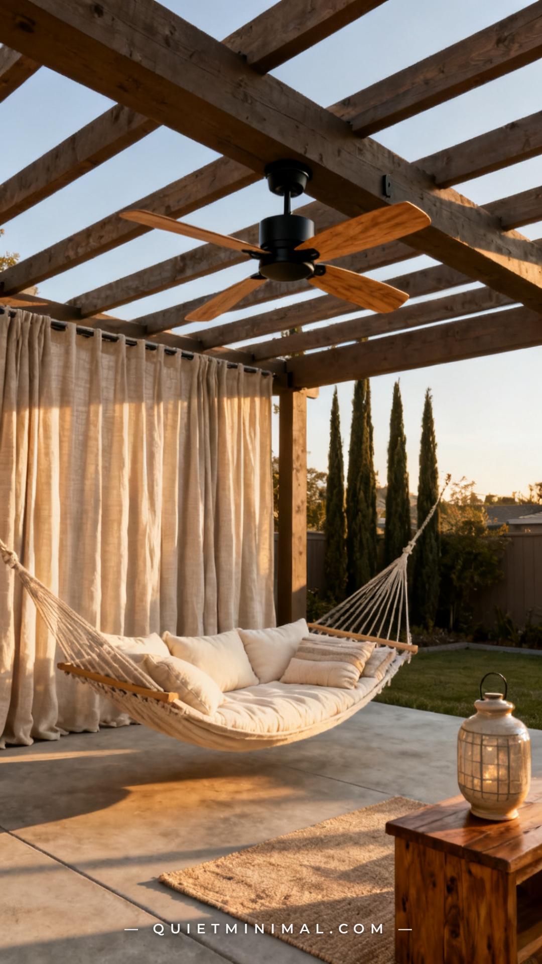 A wide vertical photograph shows the interior of a pergola-covered backyard lounge zone from below and at a wide angle