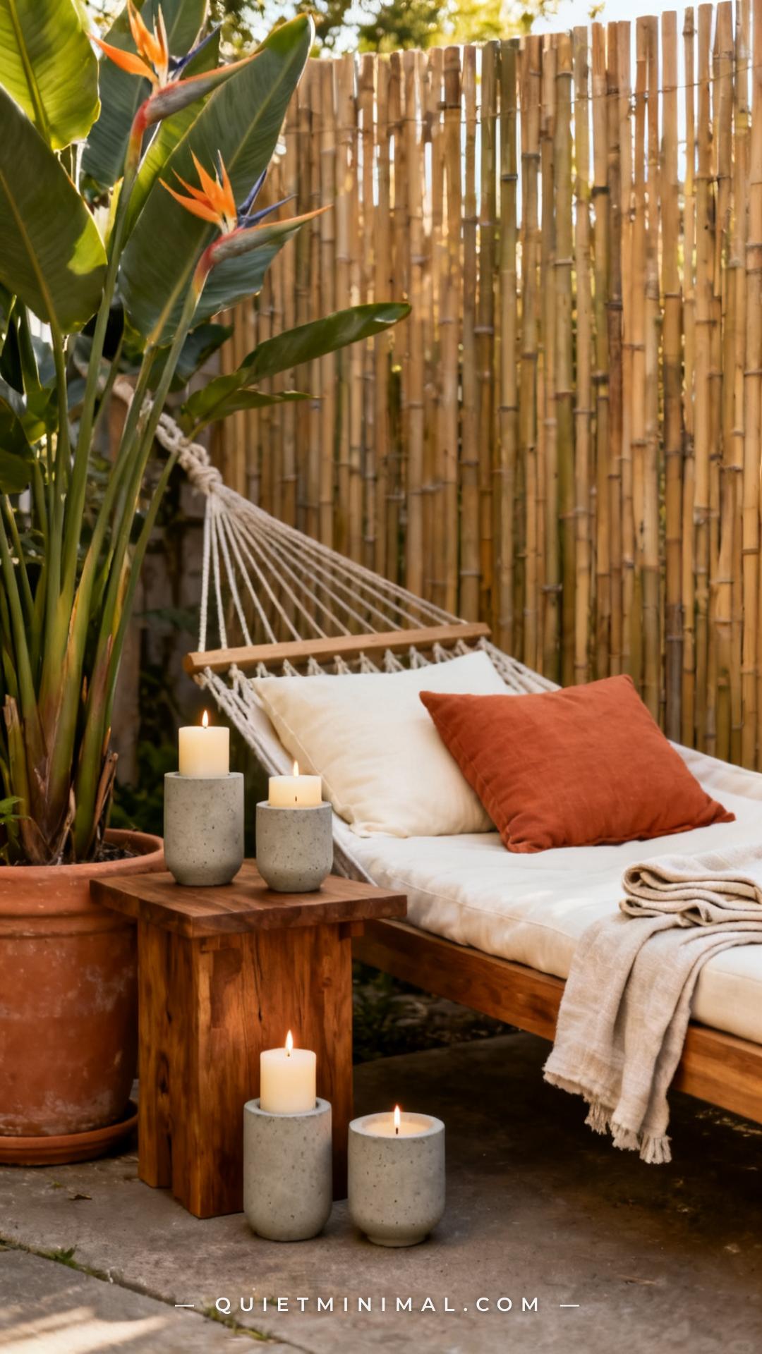 A wide vertical photograph captures the finishing details of a styled backyard lounge zone