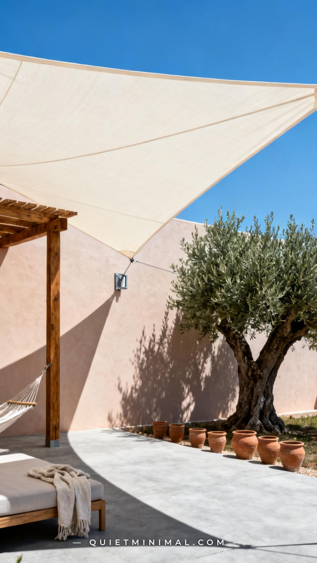 A medium-wide vertical photograph captures a backyard shade zone from below and at a slight diagonal angle