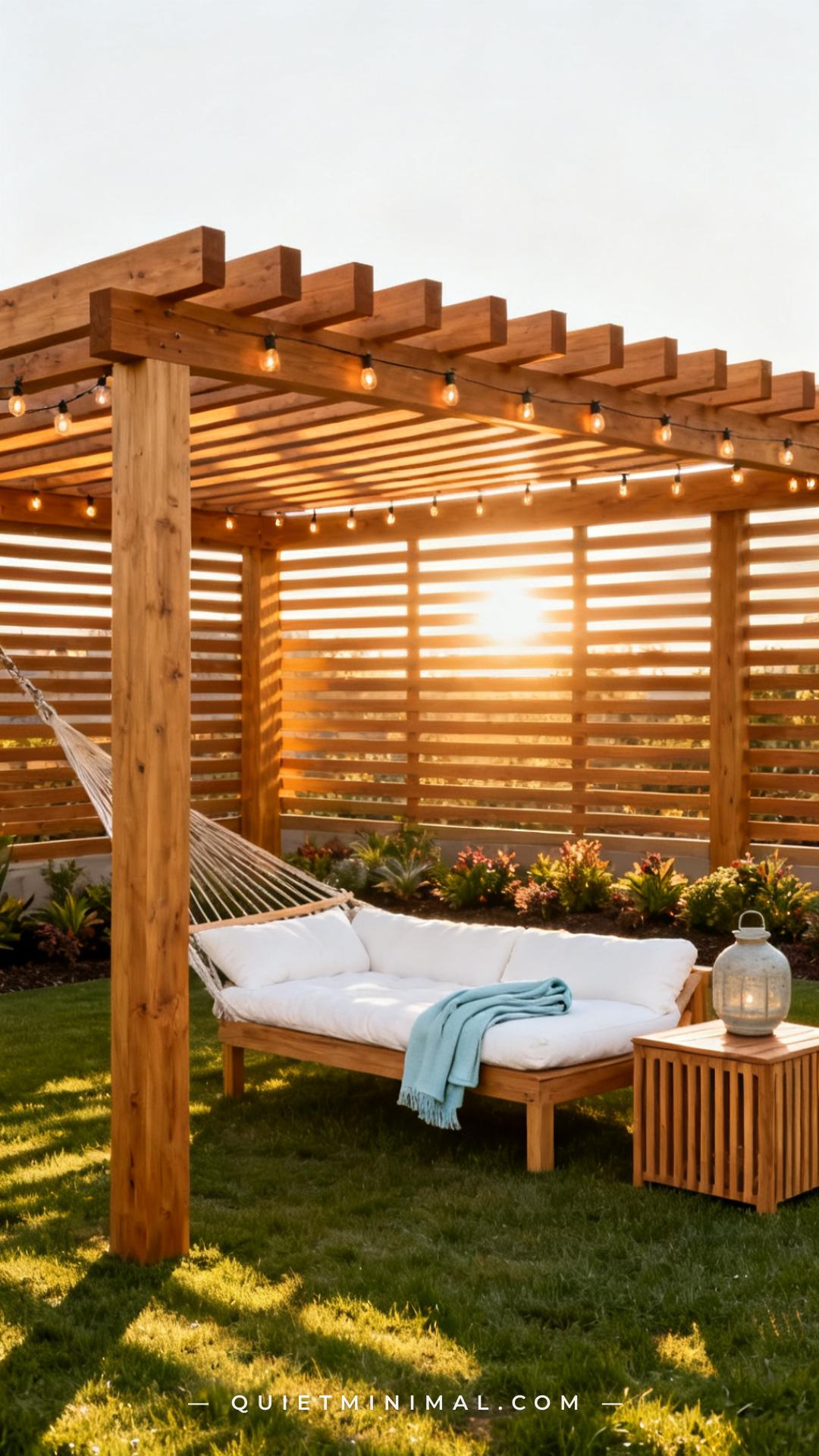 An establishing wide-angle photograph shows a full backyard pergola structure in pale natural cedar with clean square po