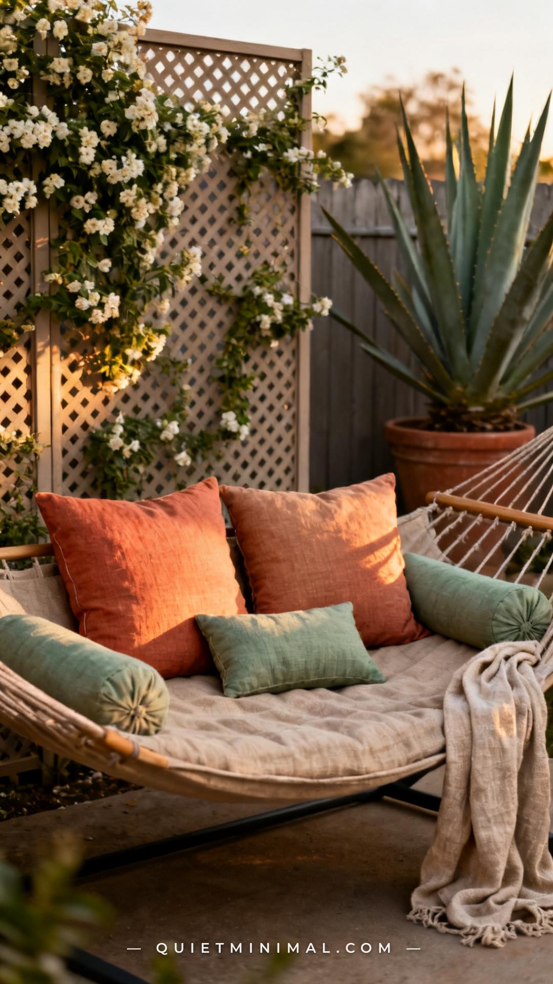 A wide-angle vertical photograph captures a freestanding hammock daybed loaded with an arrangement of outdoor throw pill