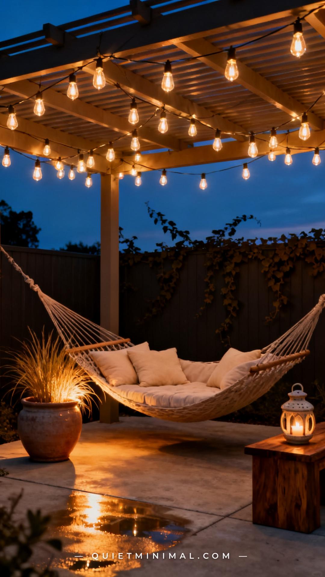 A wide vertical photograph captures a backyard hammock daybed lounge zone at dusk