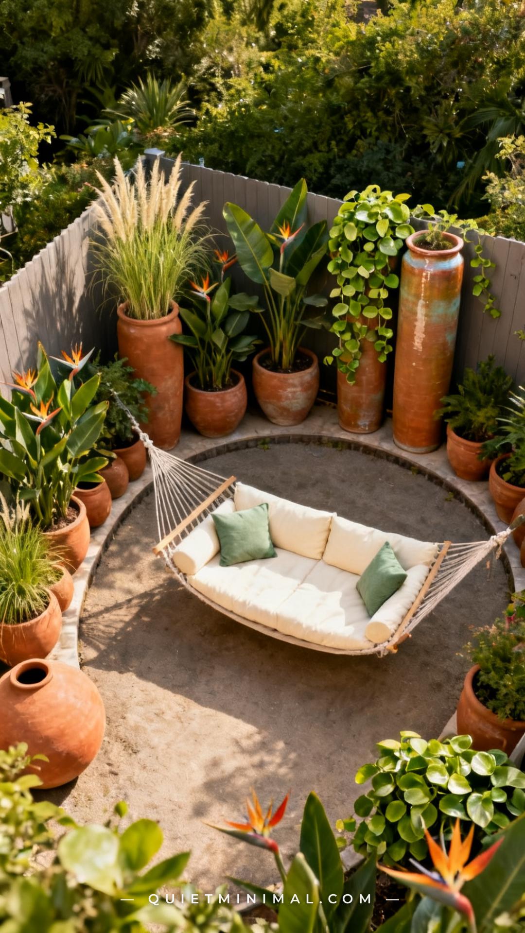 A wide-angle vertical photograph shows a backyard lounge zone where tall ceramic planters and oversized terracotta pots