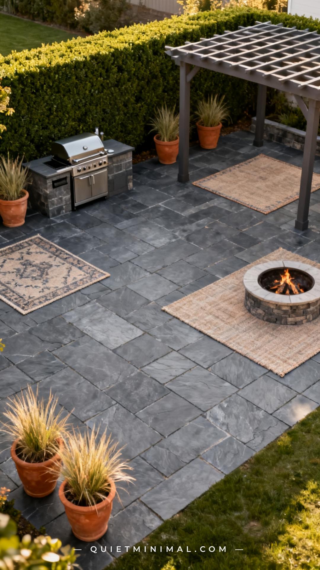 A wide-angle overhead-perspective photograph of a blank backyard patio layout sketched over a real stone patio surface