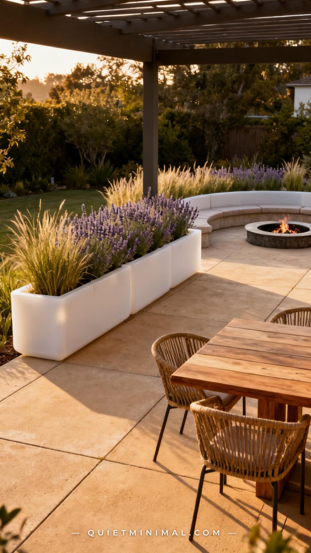 An establishing shot of a backyard patio showing a continuous row of low rectangular white fiberglass planters used as a