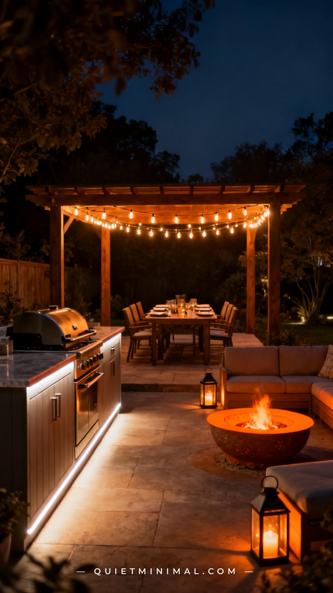 A wide-angle photograph of a complete backyard patio at night showing three distinct lighting layers across three zones