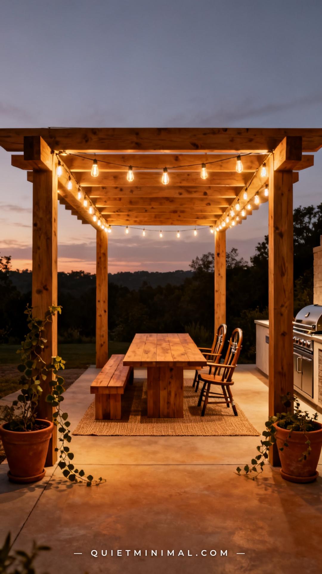 A medium-wide vertical photograph of a modern cedar pergola over an outdoor dining area