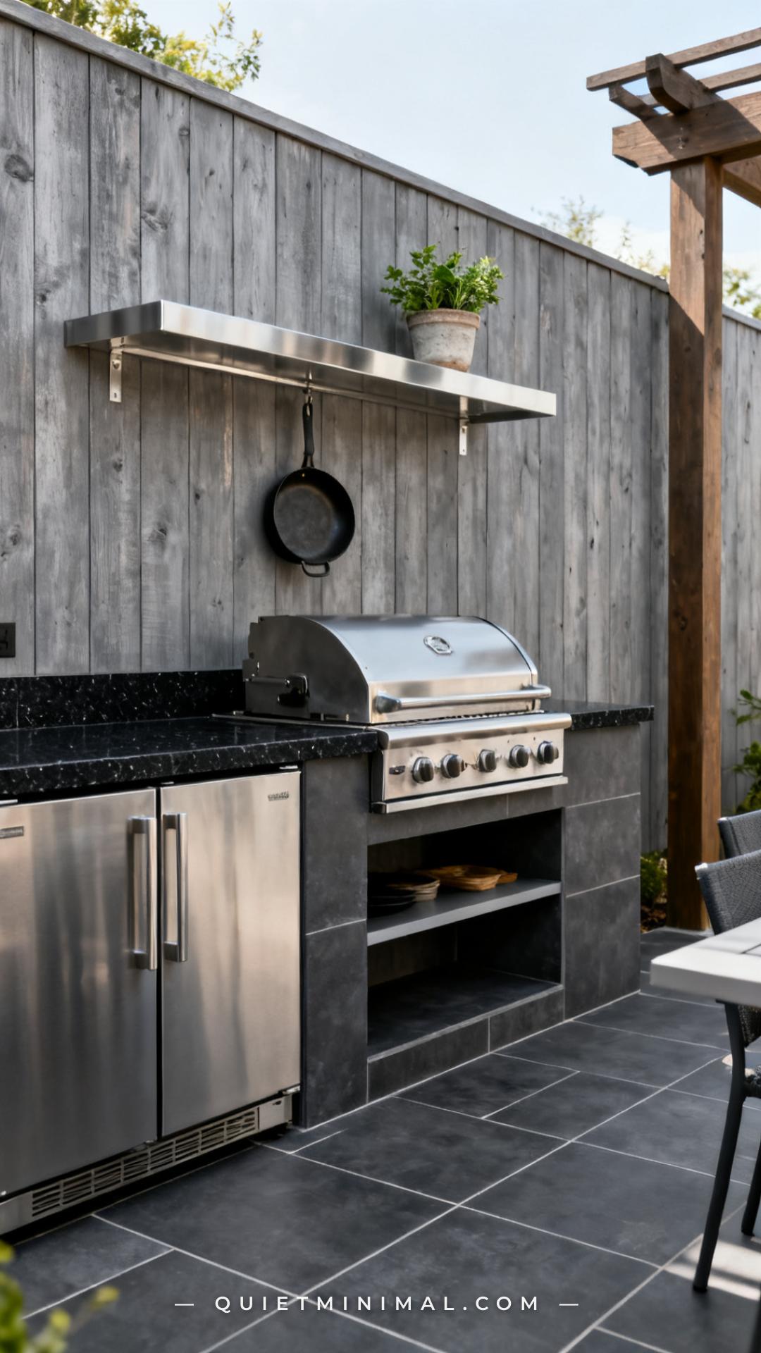 An establishing shot of a built-in outdoor kitchen positioned against a horizontal cedar privacy fence