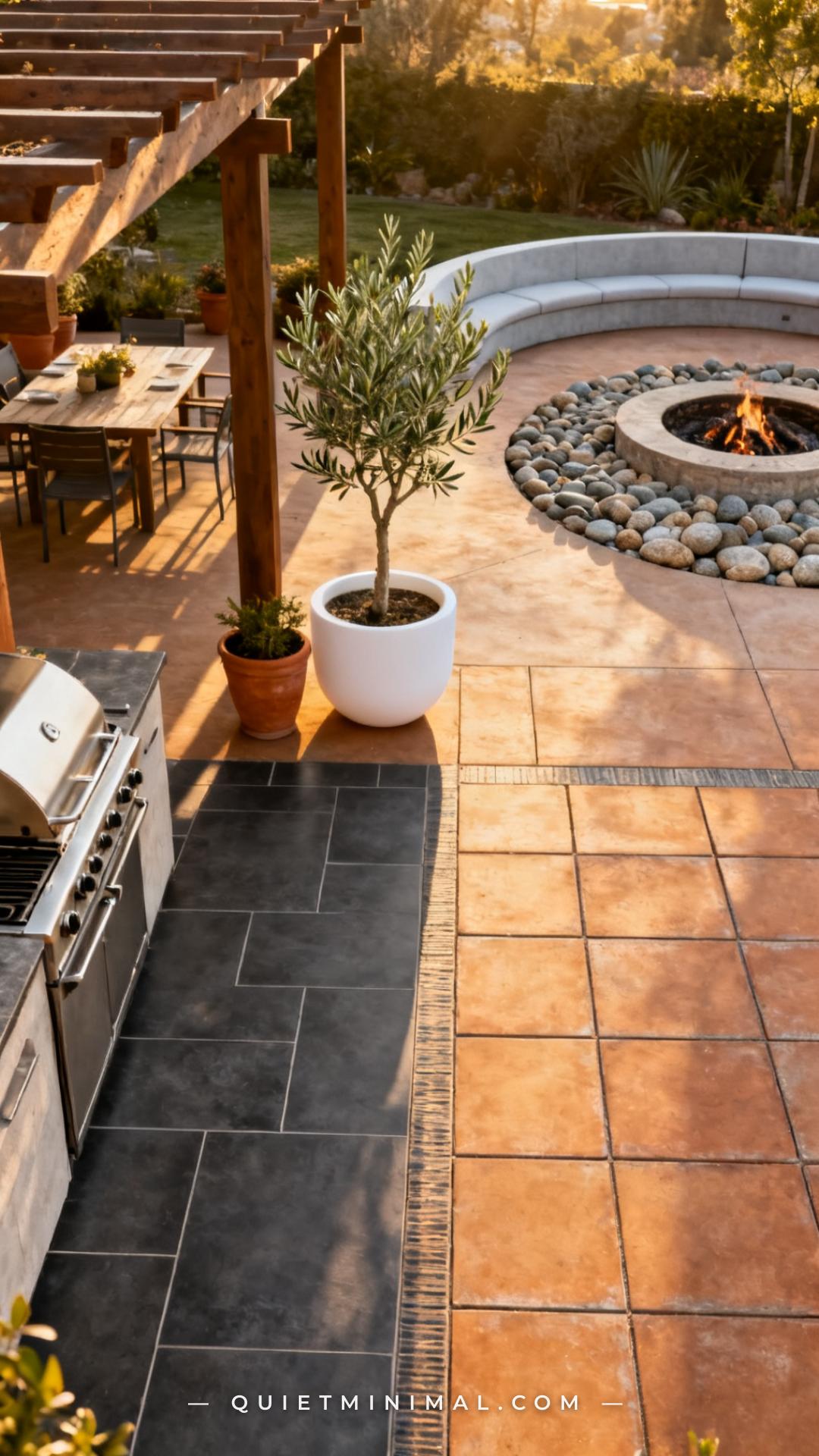 A wide-angle photograph of a backyard patio showing two adjacent zones separated by a visible shift in flooring material