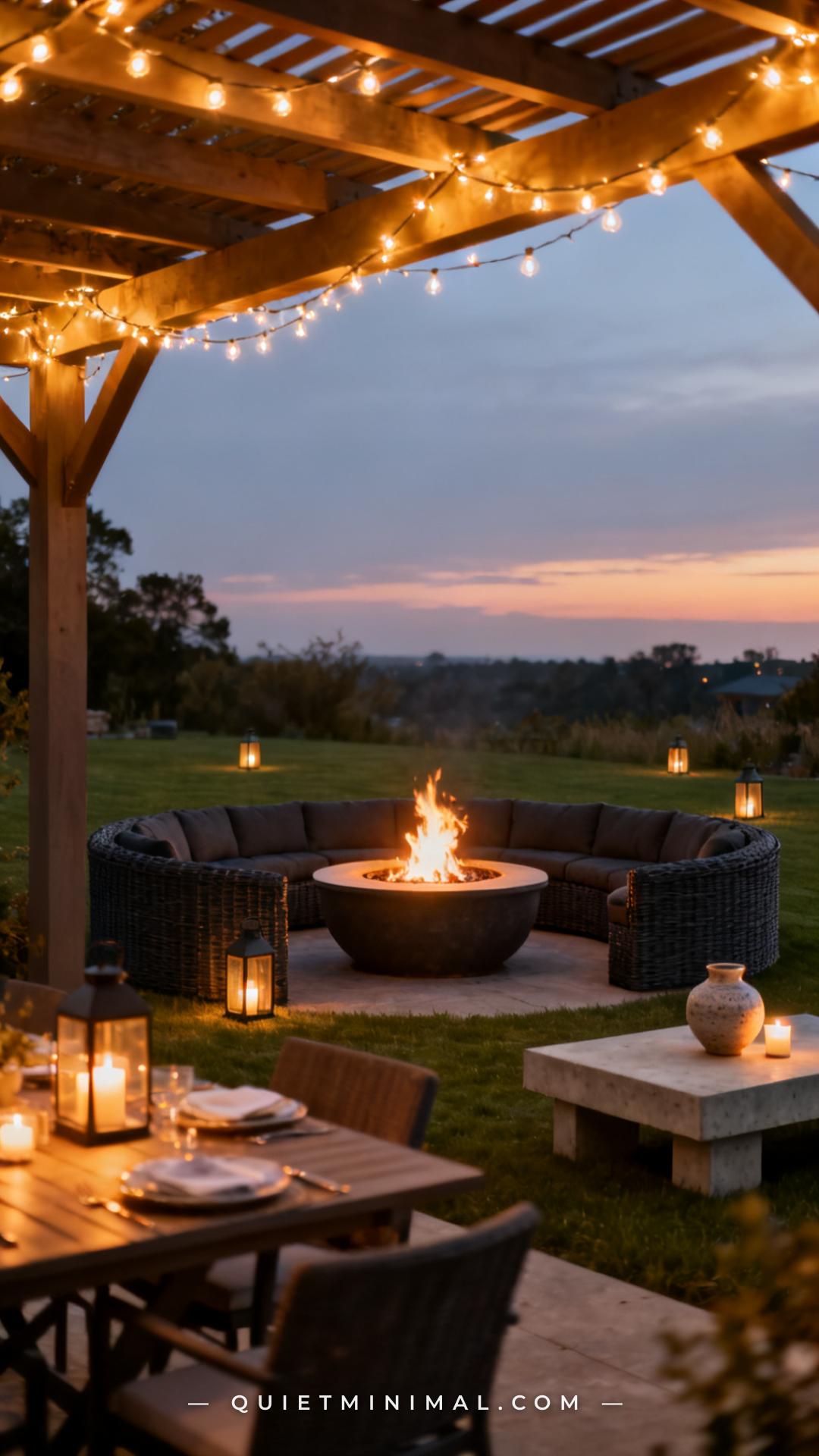 A wide vertical photograph of a backyard patio scene at dusk