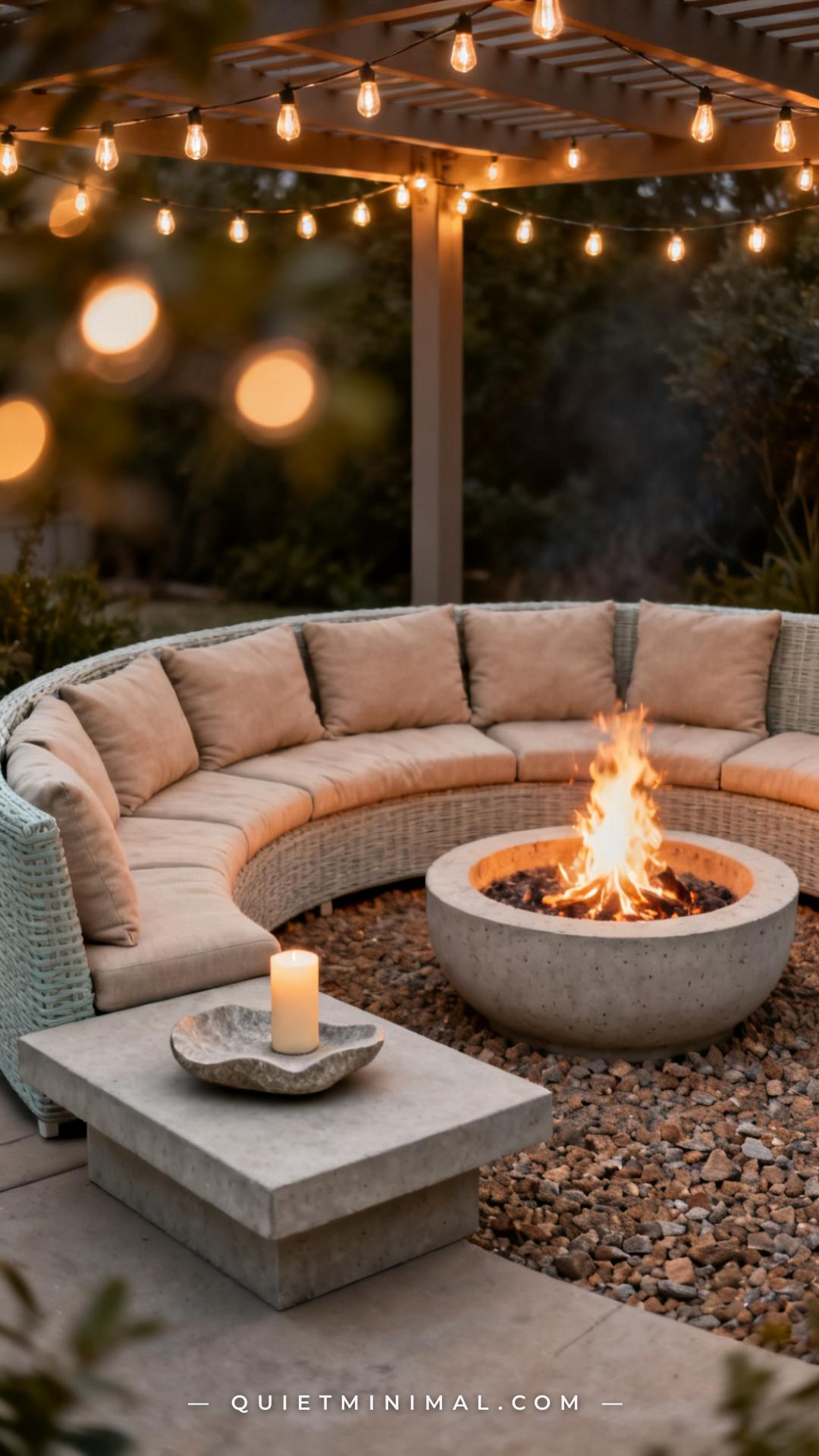 A medium-wide photograph of a curved outdoor sectional arranged around a round concrete fire pit