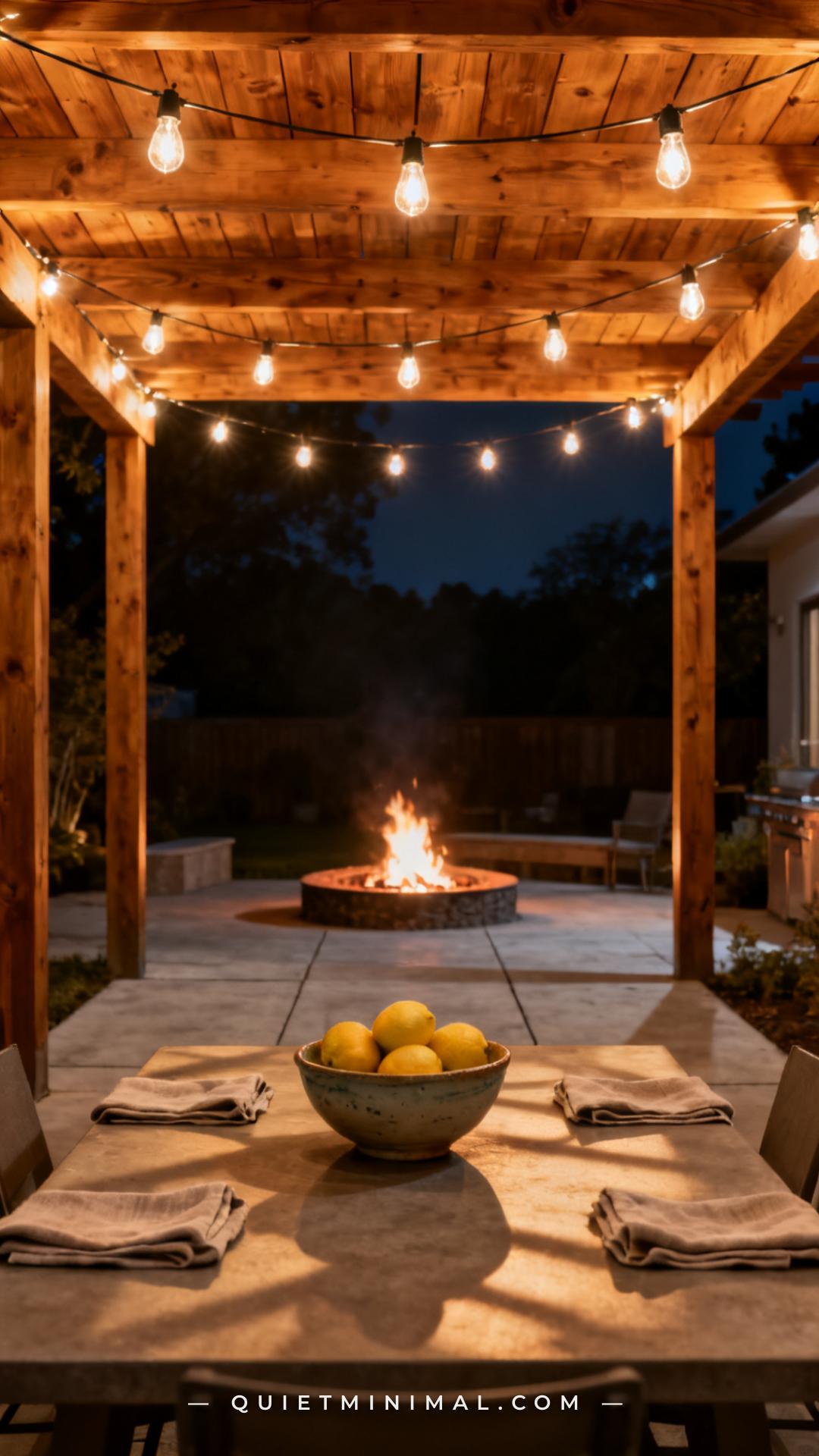A wide-angle nighttime photograph of a backyard patio pergola with string lights illuminating the space from above