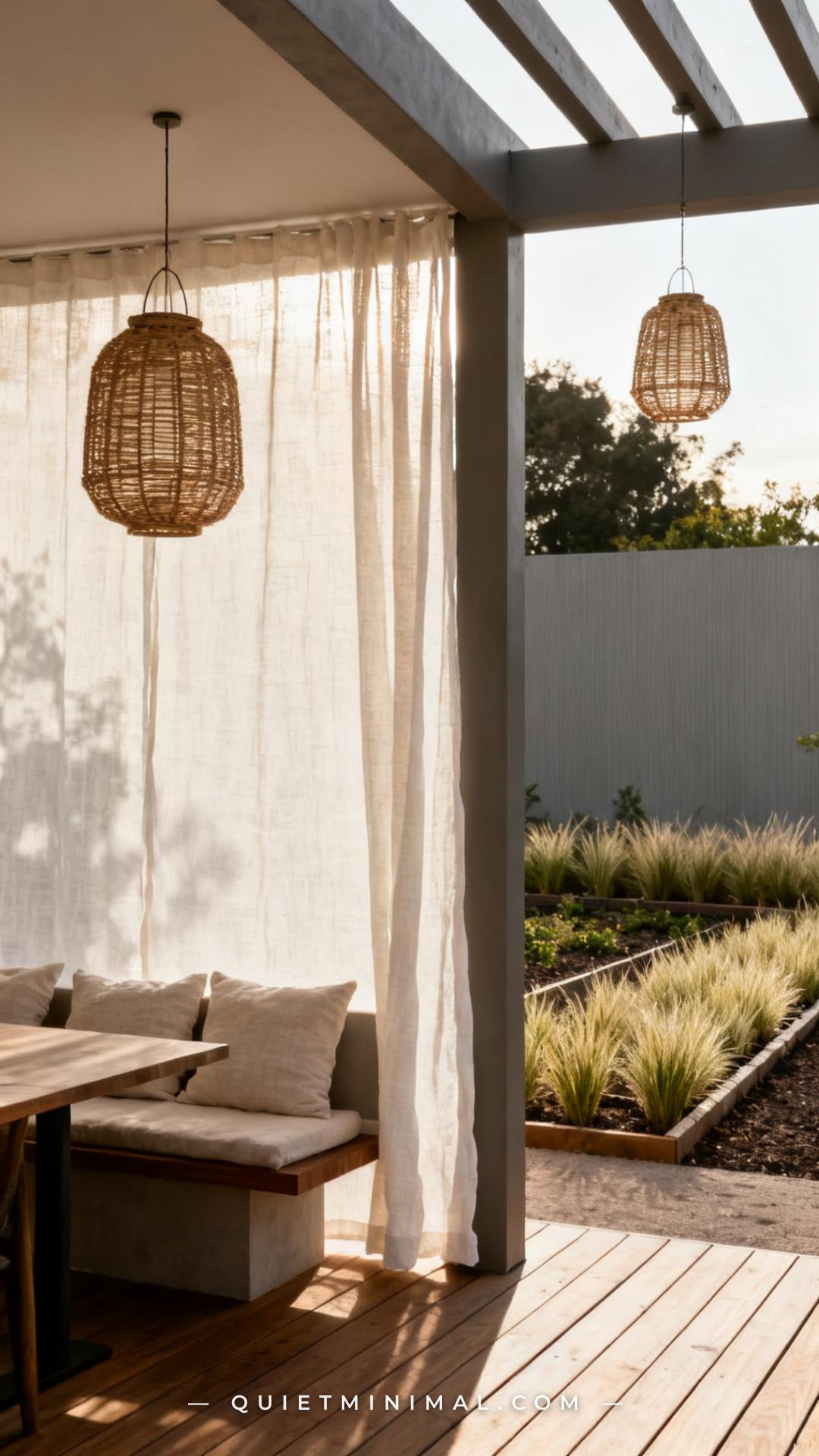 A wide vertical photograph of a modern pergola structure showing one side dressed with a hanging outdoor linen curtain p