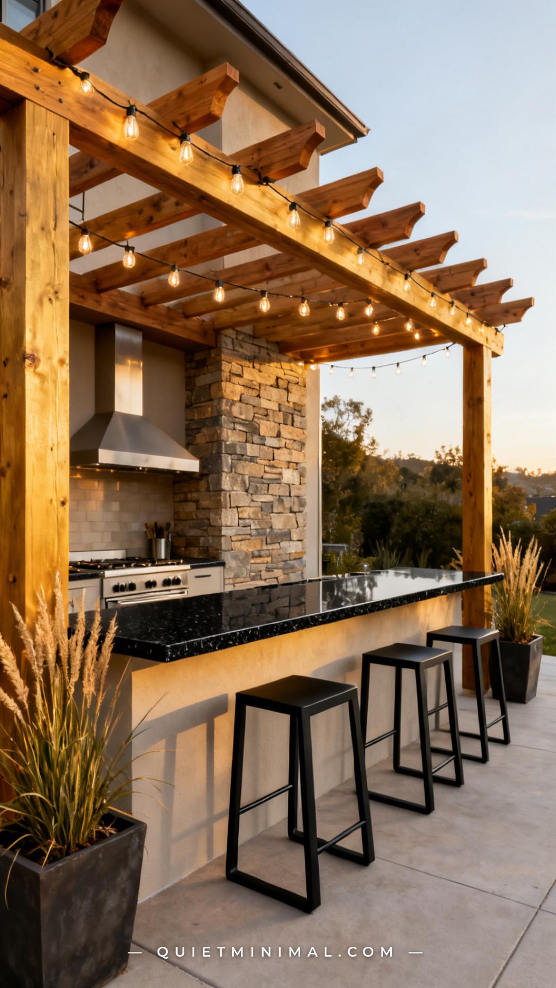 A wide-angle establishing shot of an outdoor kitchen zone transitioning into a pergola-covered dining zone