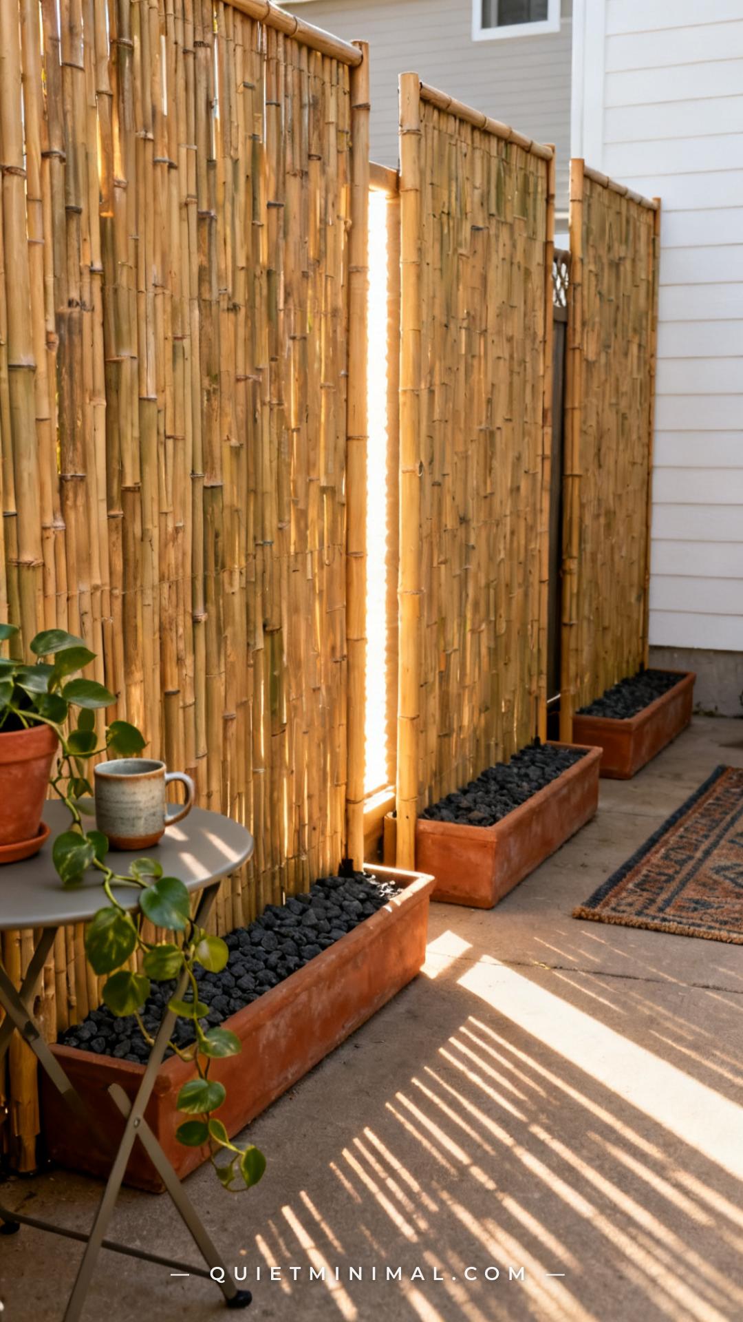 A vertical photograph captures a townhouse patio side boundary where three freestanding bamboo screening panels stand in