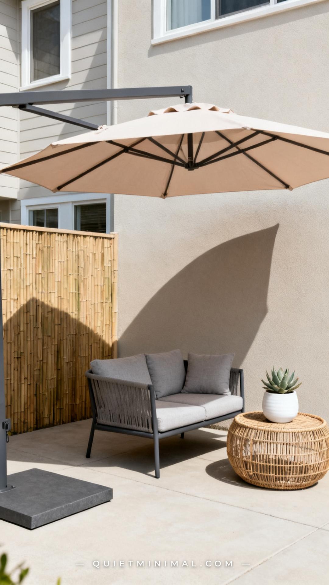 A wide-angle establishing shot of a small townhouse patio showing a large offset cantilever umbrella in a pale sand fabr