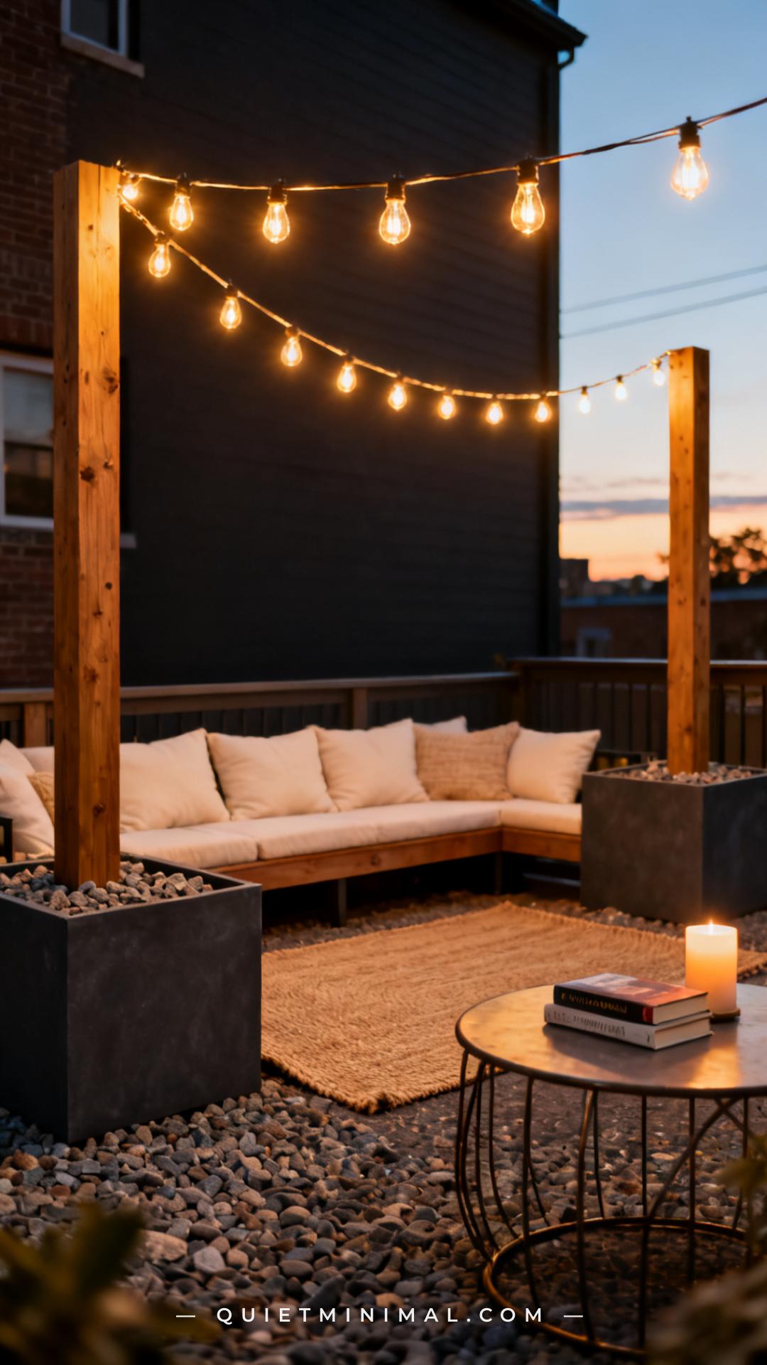 A vertical photograph captures a townhouse patio at dusk with warm bistro string lights strung between two freestanding