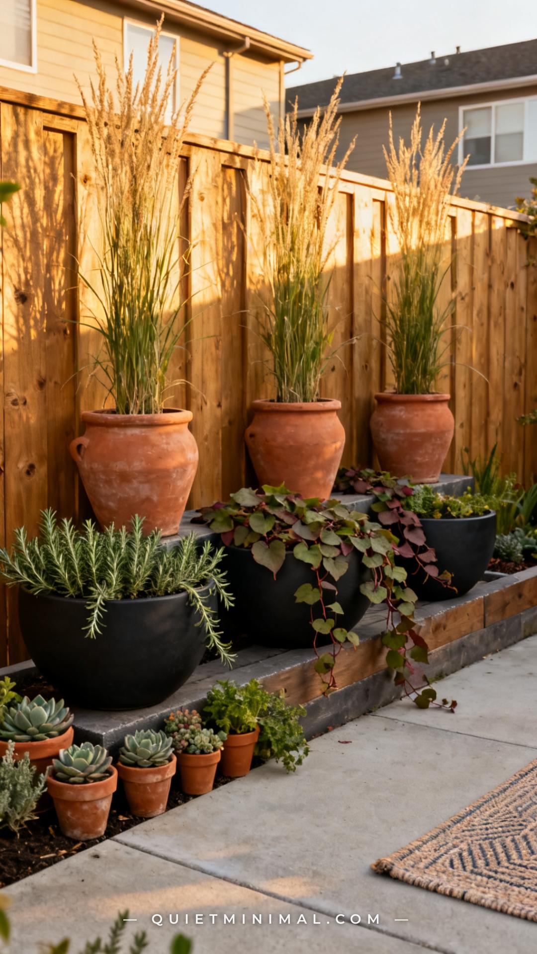 A wide-angle view of a townhouse patio back fence line layered with a container garden border