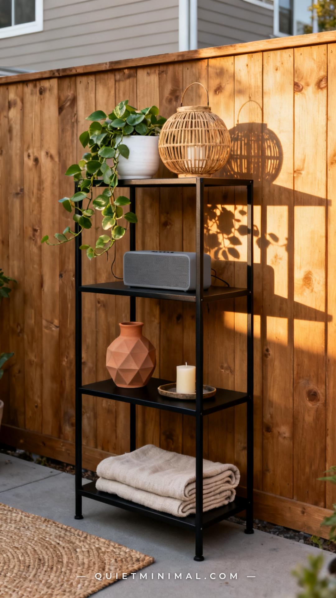 A vertical photograph captures a freestanding three-tier outdoor shelving unit in matte black powder-coated steel placed