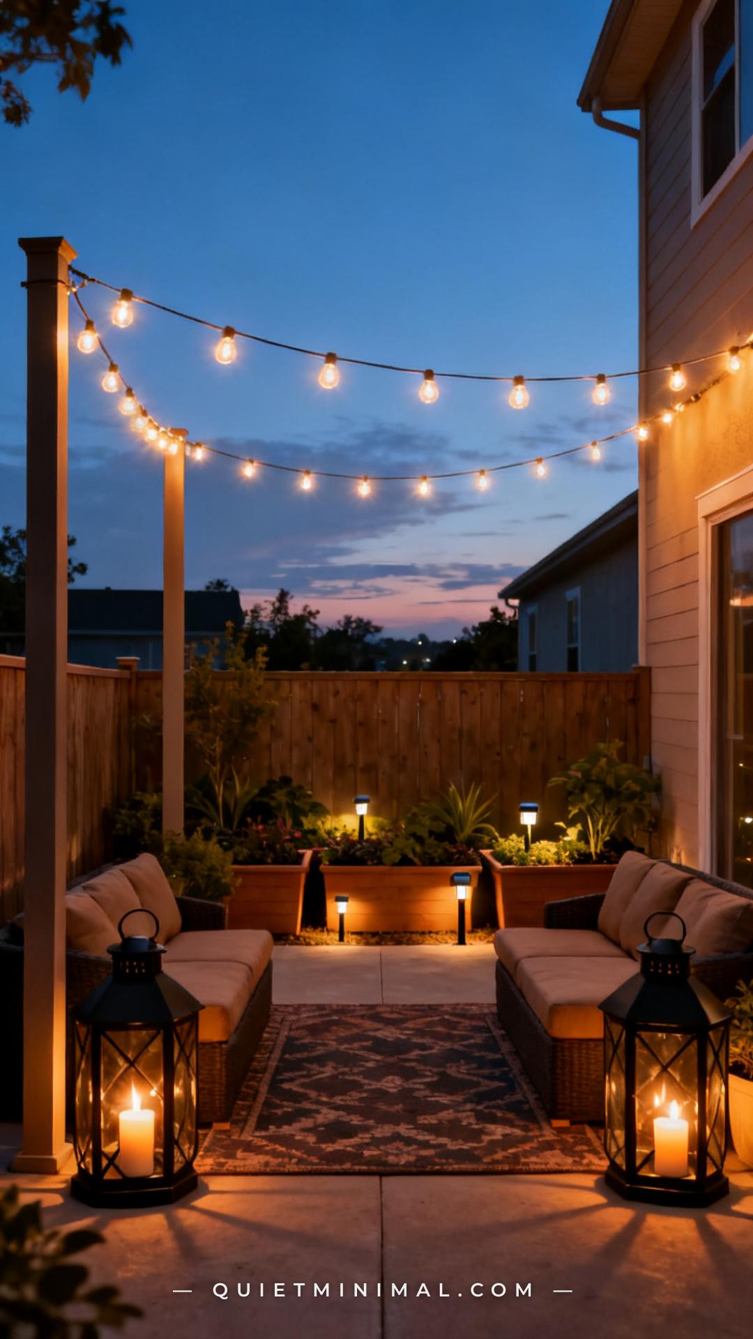A wide establishing shot of a townhouse patio at dusk with three distinct layers of light visible