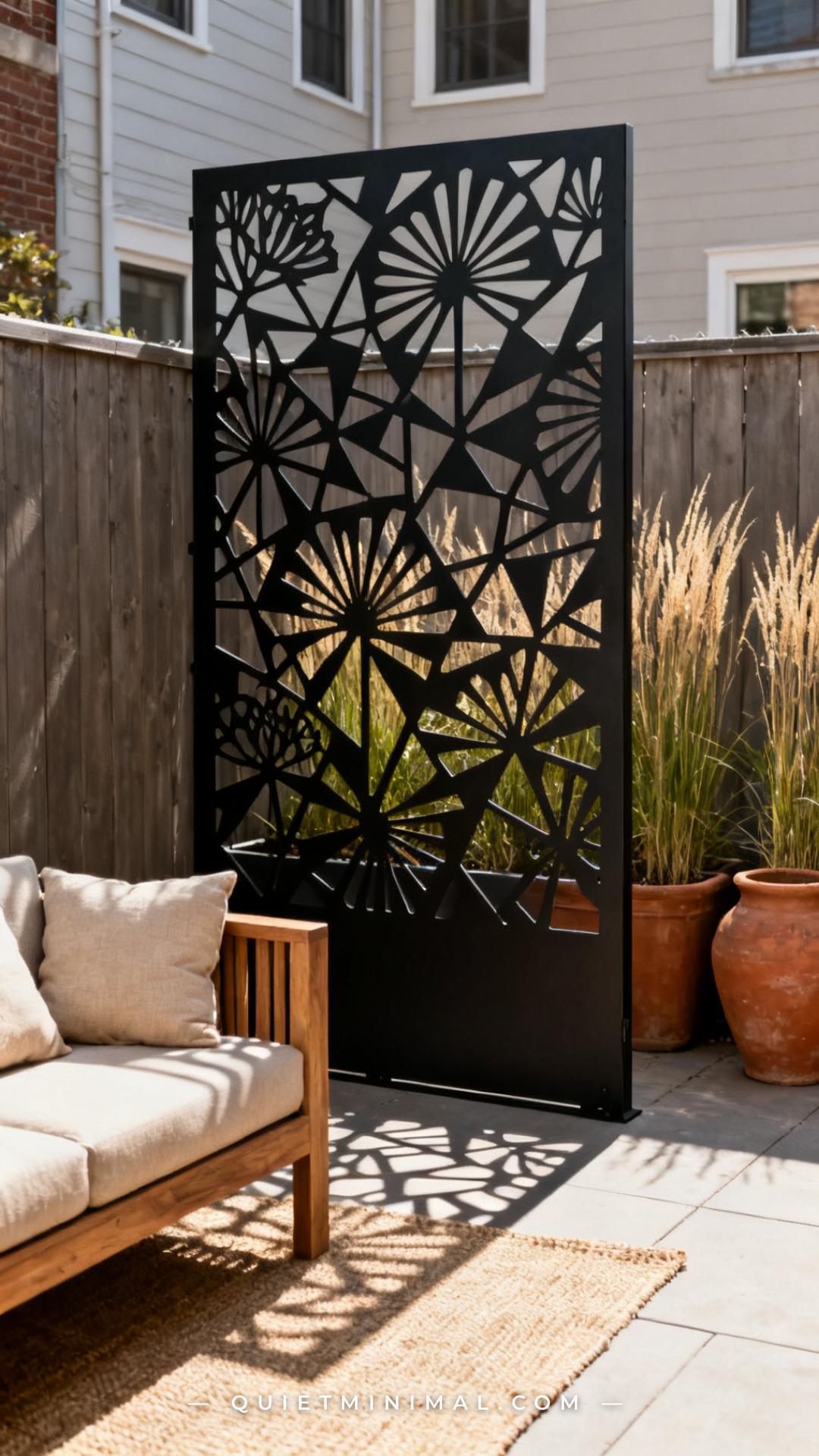 A vertical photograph captures a townhouse patio mid-space where a freestanding laser-cut matte black metal screen in a