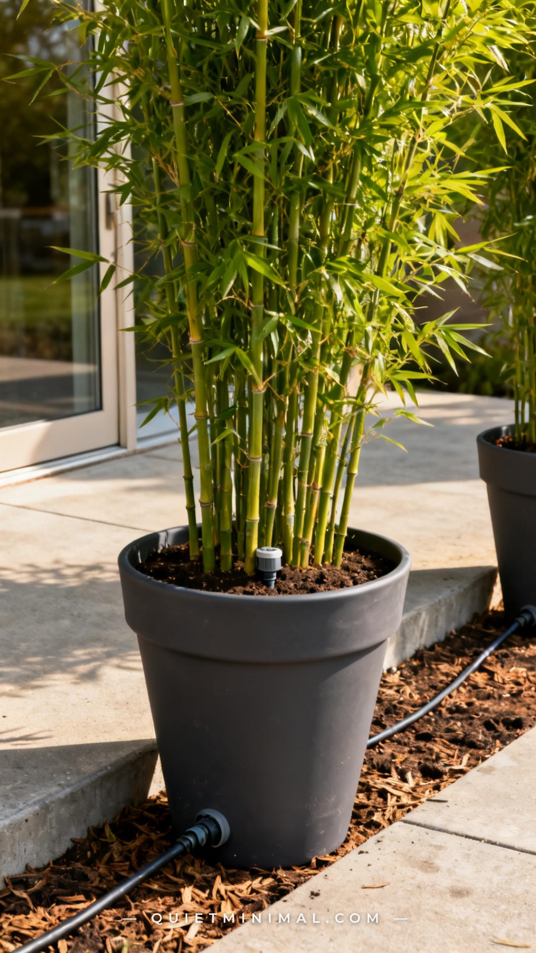 A vertical photograph captures a close-medium view of a single tall dark gray fiberglass planter holding dense upright b