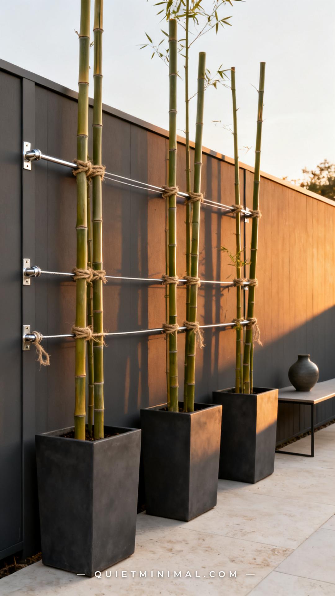 A wide vertical photograph shows a modern patio fence line with three tall rectangular matte charcoal planters holding u