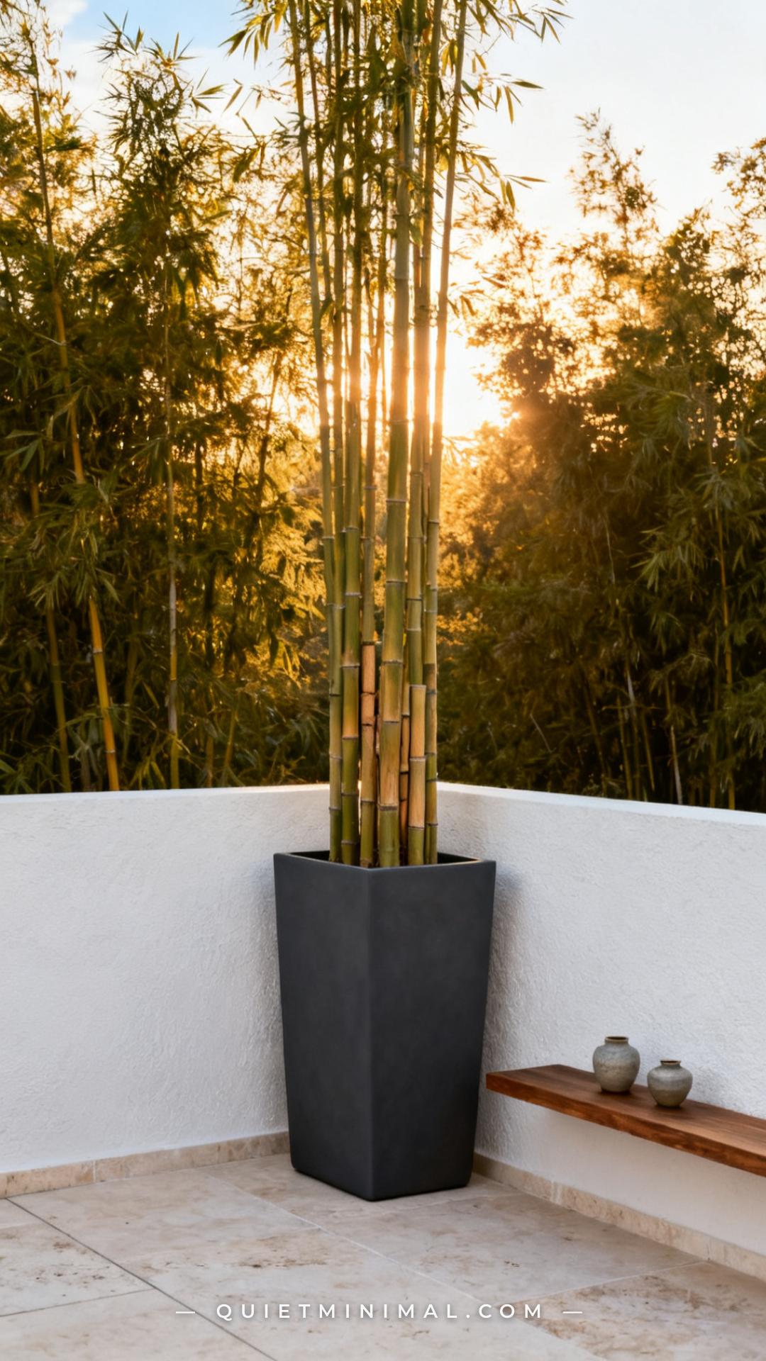 An establishing shot of a modern outdoor terrace shows a single tall rectangular planter in dark charcoal fiberglass pos