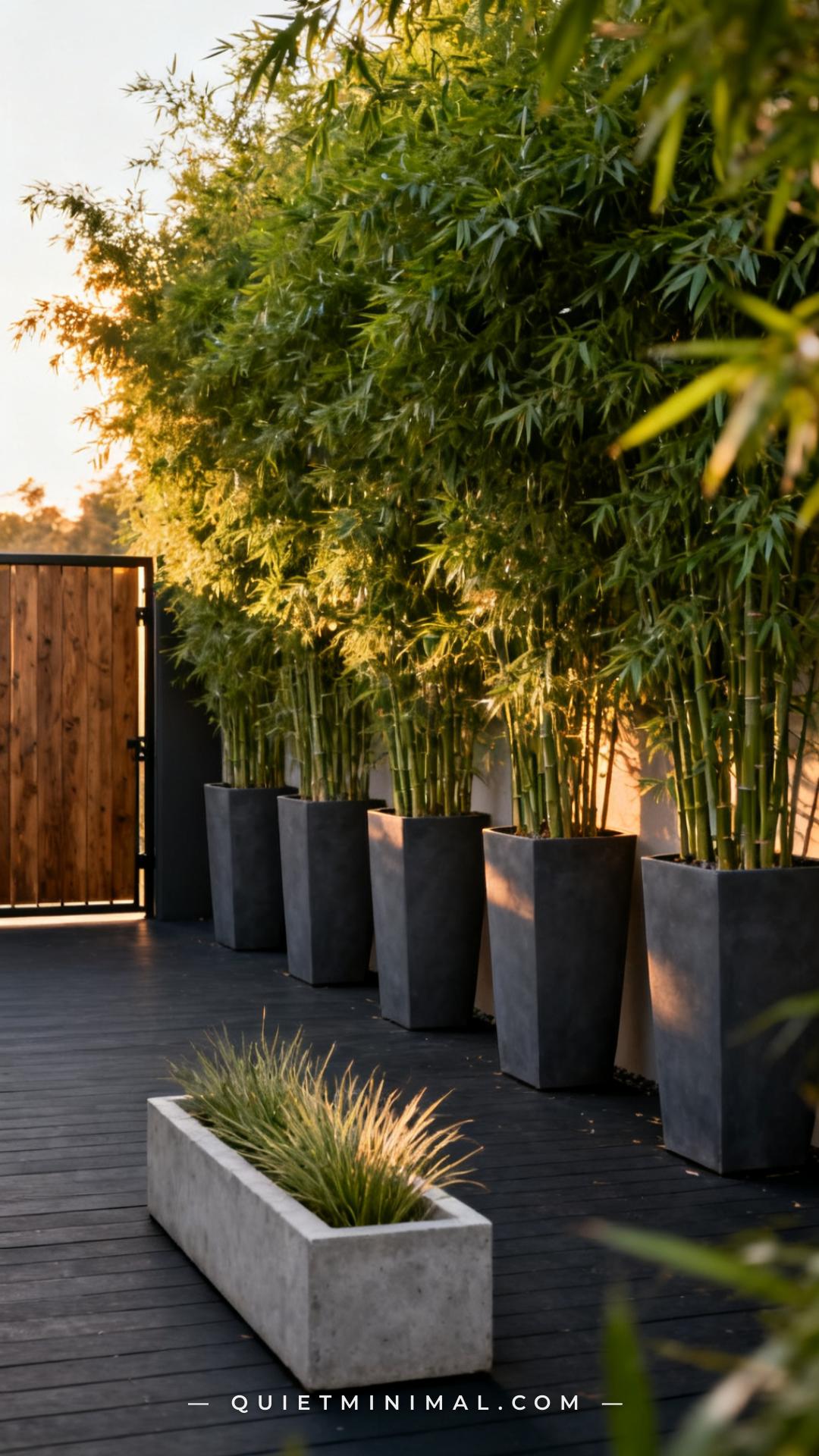 A vertical photograph captures a patio privacy screen composed of five tall dark gray planters in a straight line