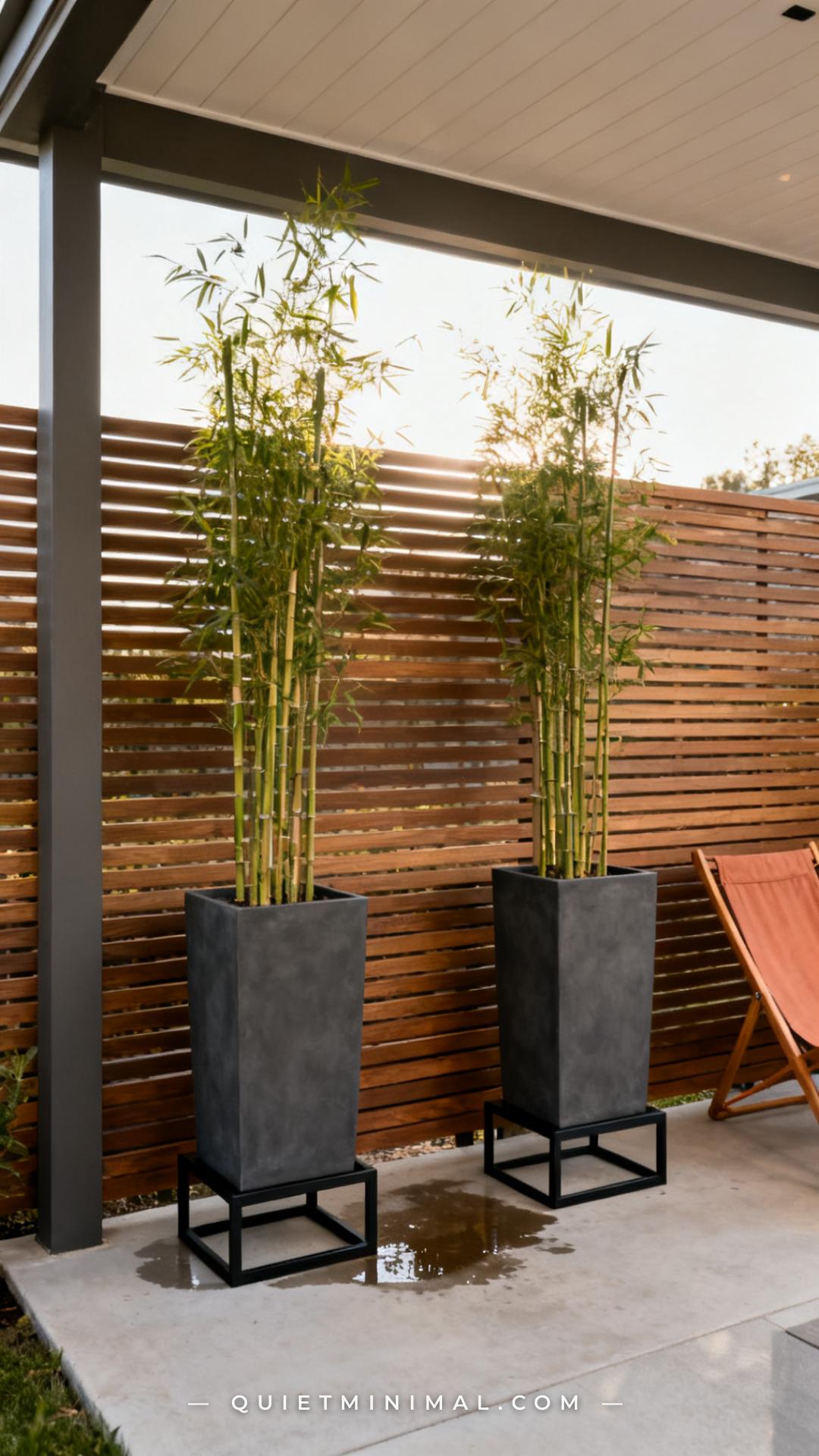 A wide-angle view of a covered modern patio shows two tall rectangular matte charcoal planters holding upright bamboo