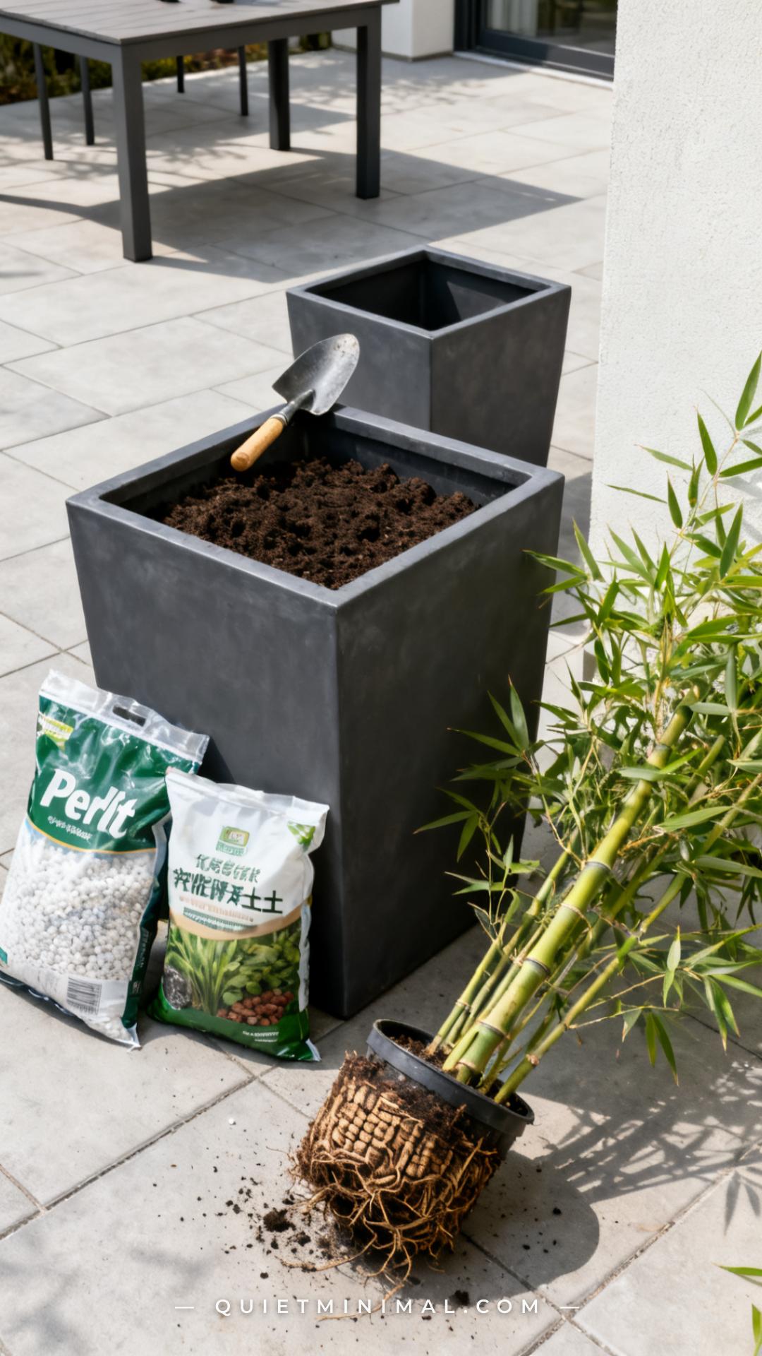 An establishing shot of a modern patio workspace shows a large rectangular charcoal planter in the process of being fill