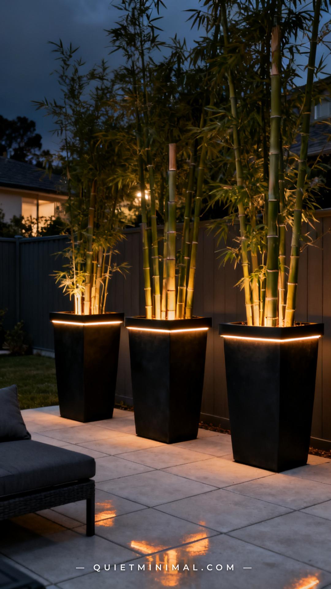 A medium-wide composition captures a modern patio at dusk
