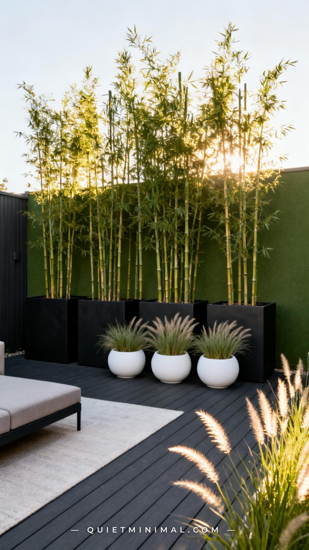A wide establishing shot of a rectangular modern patio shows a layered planting composition along the back fence line: a