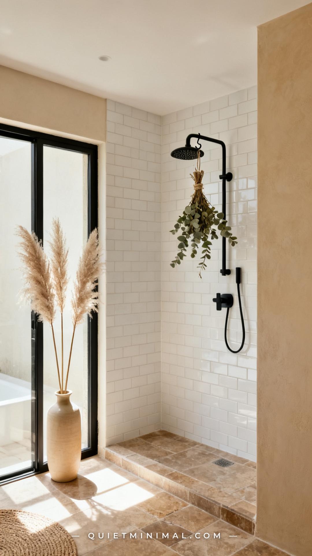 A wide establishing photograph captures a full bathroom corner near the shower