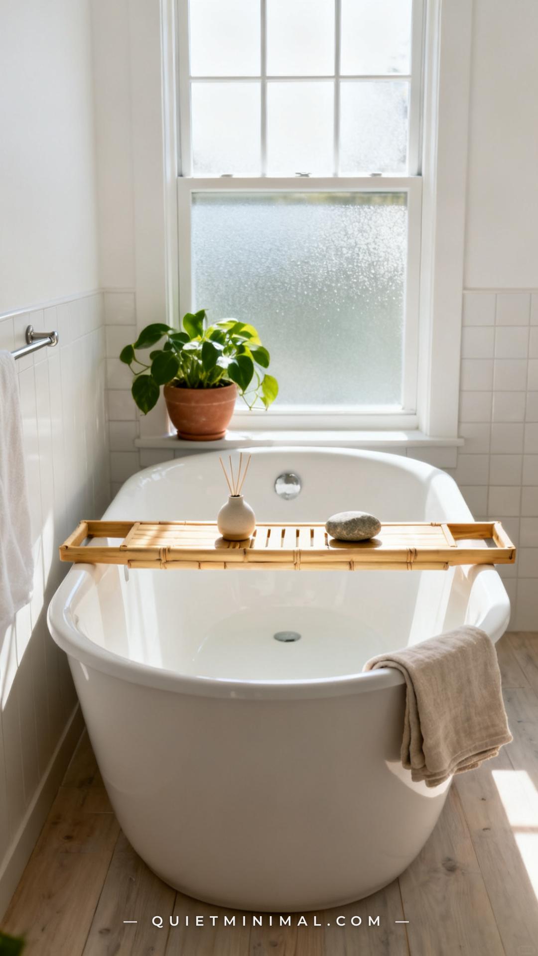 A wide establishing shot captures a full freestanding bathtub from the side in a bright bathroom with warm white walls a
