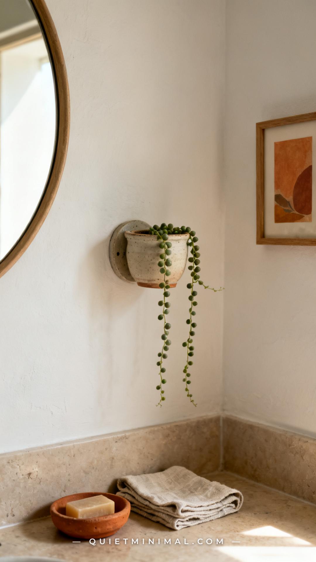 A vertical photograph establishes a bathroom wall corner where a small ceramic wall-mounted planter holds a trailing str