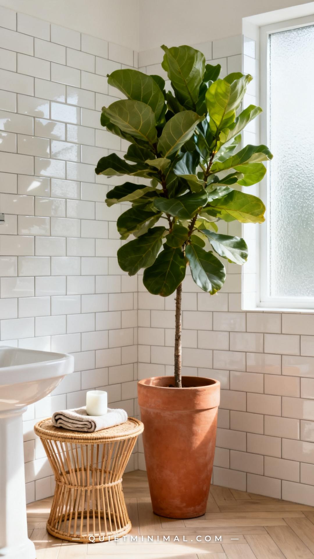 A wide-angle vertical photograph of a bright bathroom corner showing a large fiddle-leaf fig in a tall