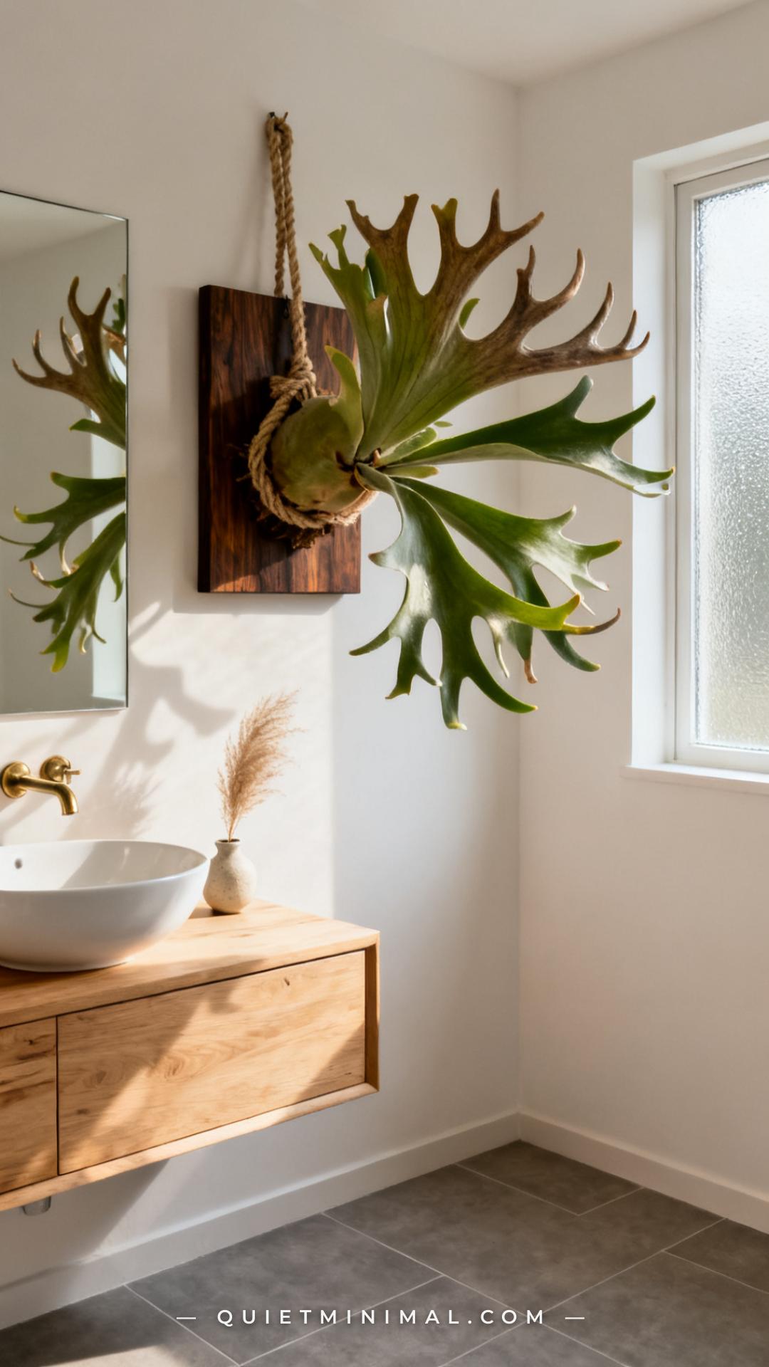 A vertical photograph of a light-filled bathroom wall above a floating sink vanity