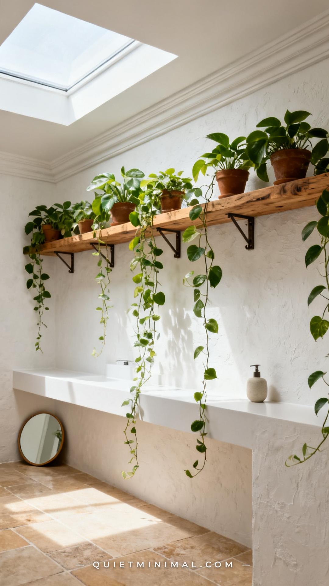 An establishing wide-angle vertical photograph of a bathroom with a high shelf installed near the ceiling