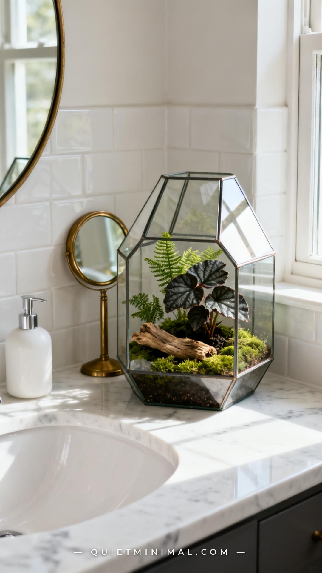 A medium-wide vertical photograph of a white bathroom counter beside a vessel sink