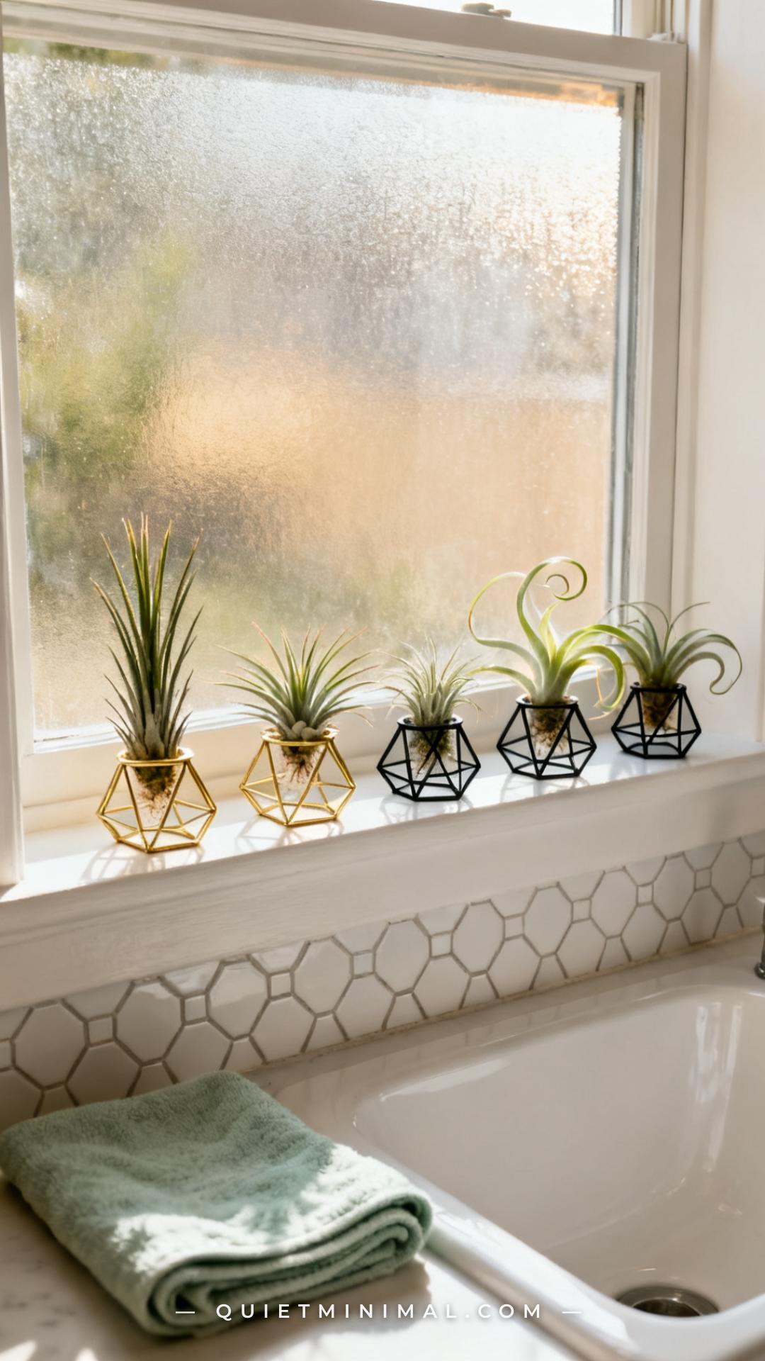 A medium-wide vertical photograph of a bathroom windowsill bathed in direct natural light