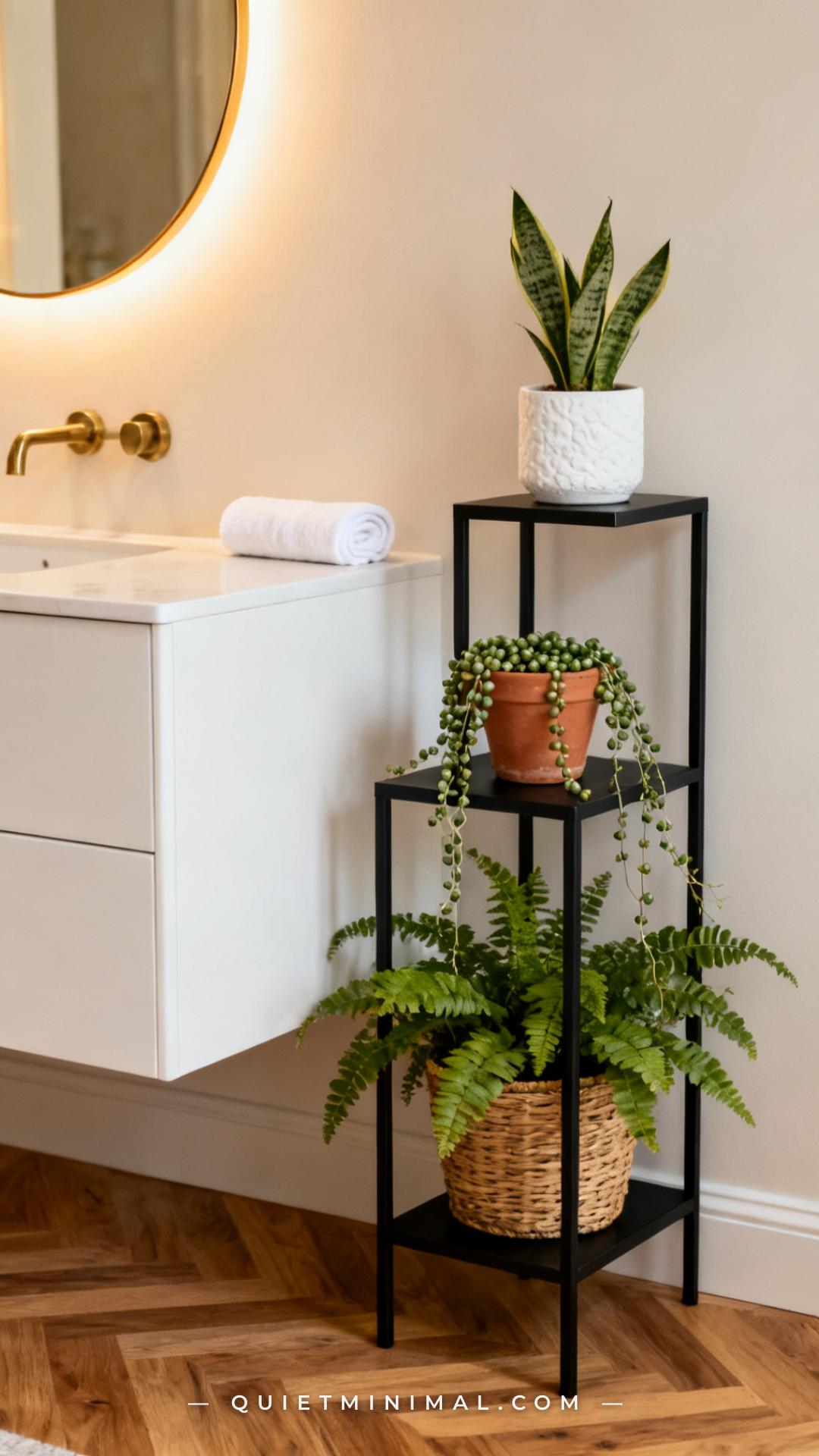 A vertical photograph showing a three-tier matte black metal plant stand positioned to the right of a white floating van