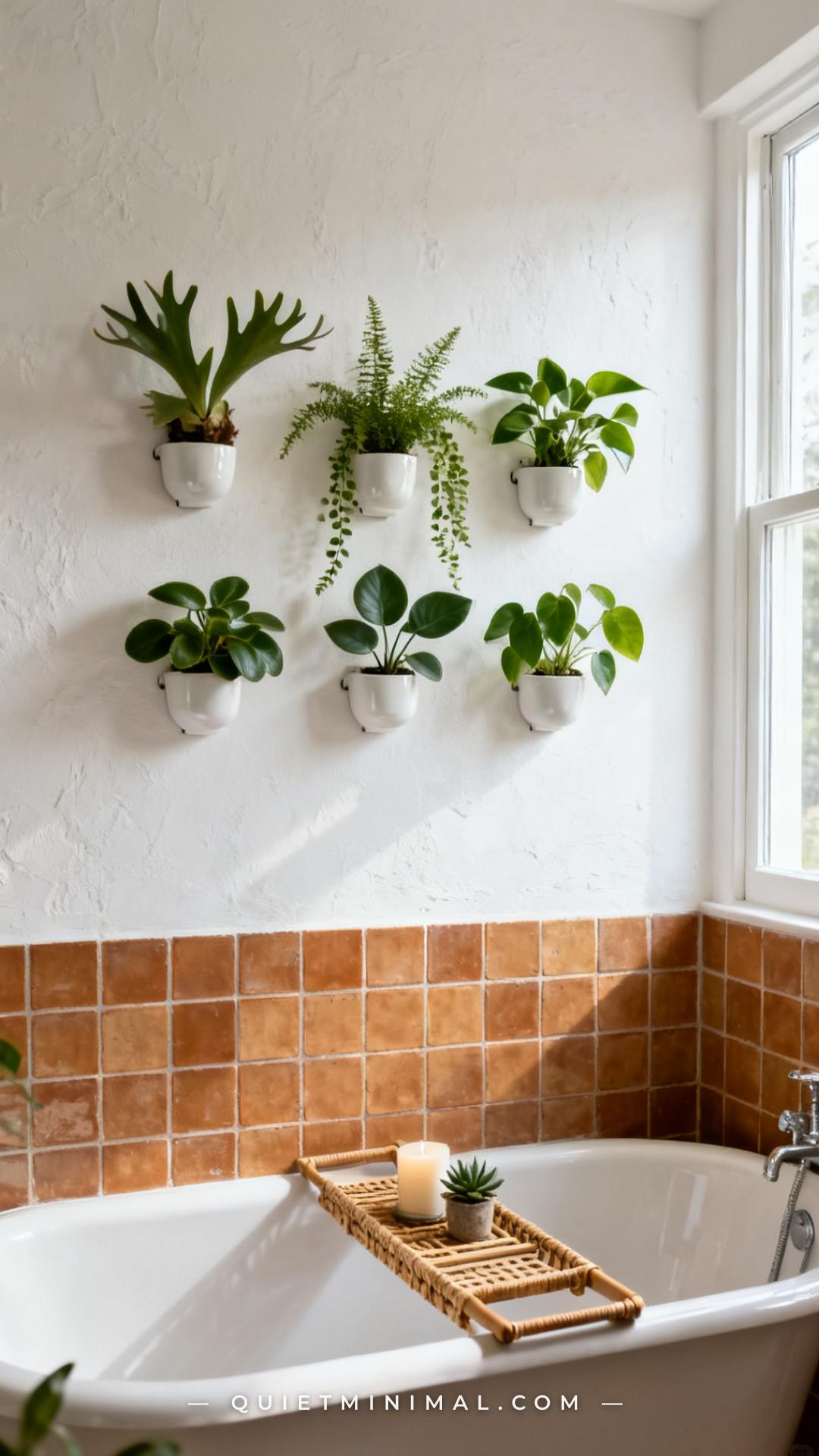 An establishing shot of a white bathroom wall above a freestanding tub showing a 2x3 grid of small white ceramic wall-mo