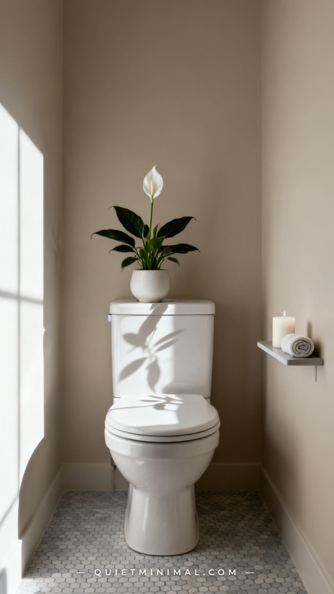 A medium-wide vertical photograph of a toilet nook in a serene white bathroom