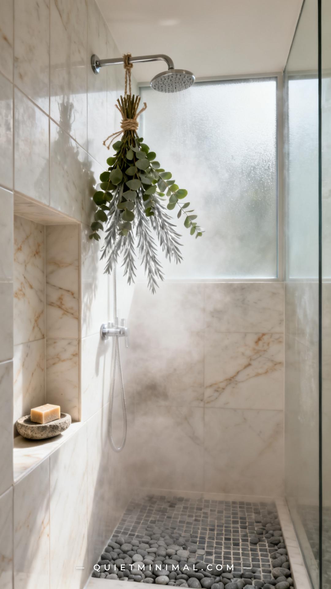 A vertical photograph showing the interior of a walk-in tile shower with a built-in niche shelf