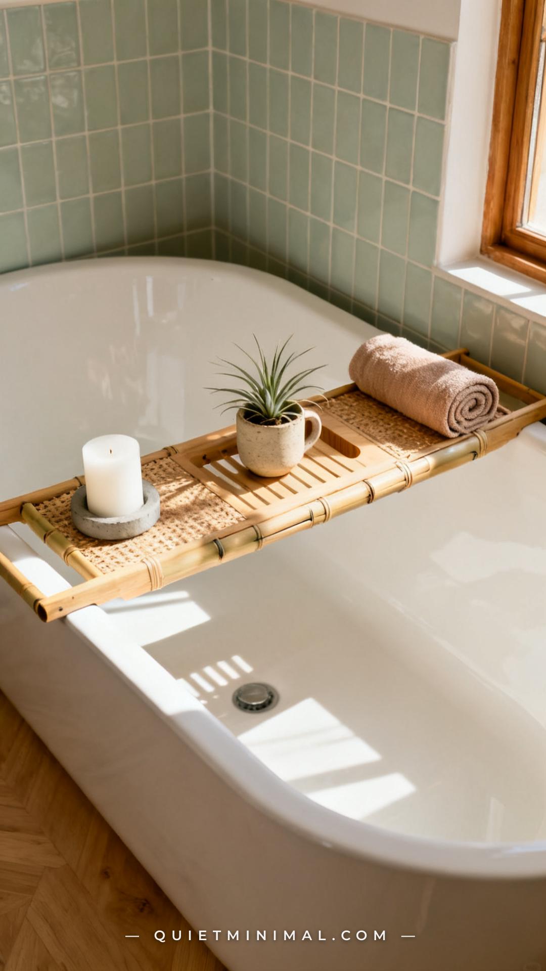 A vertical photograph of a deep white soaking tub with a natural rattan and bamboo bath caddy resting across the rim