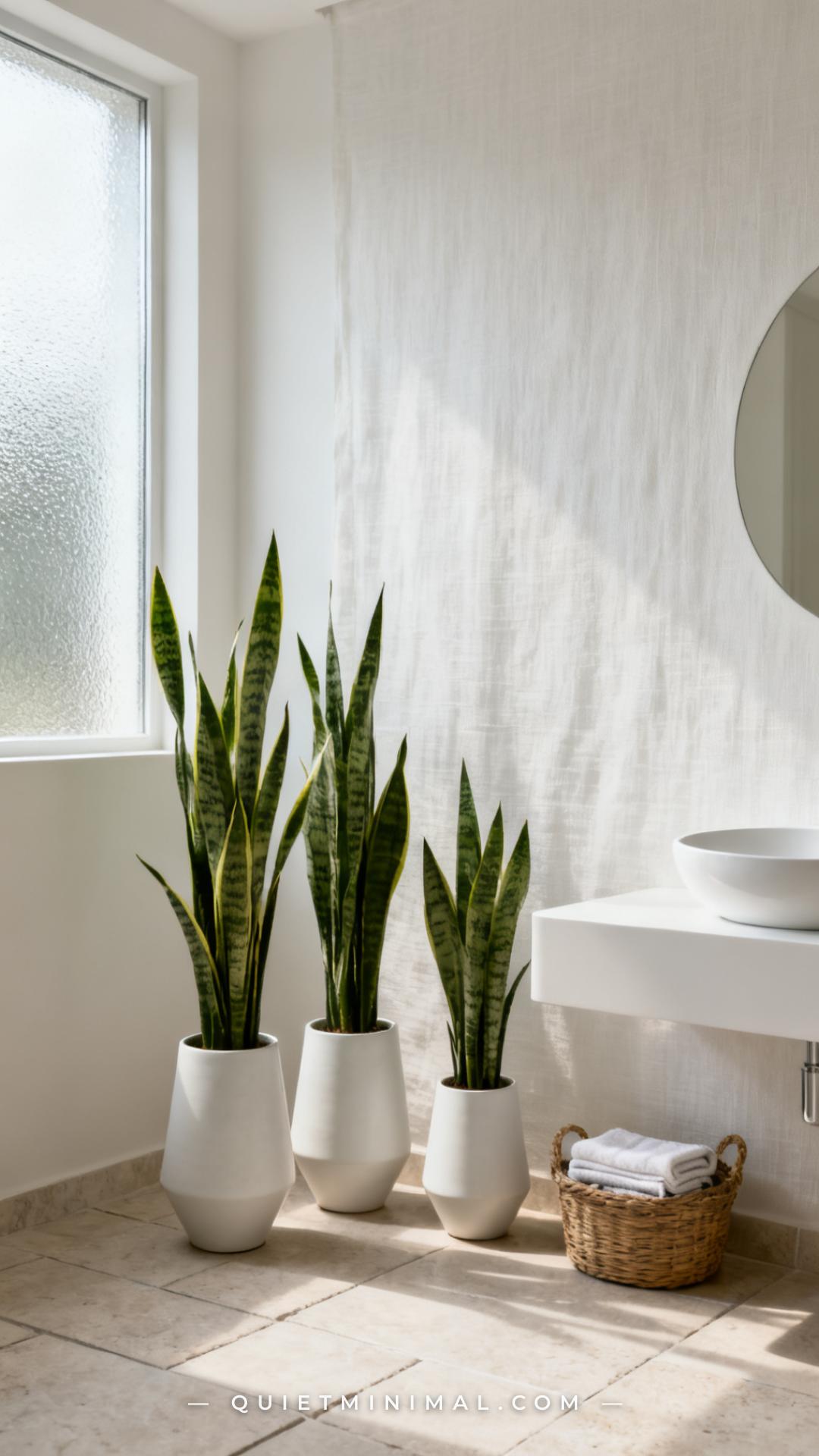A wide-angle vertical photograph of a bathroom corner near a window showing three snake plants — sansevieria — of varyin