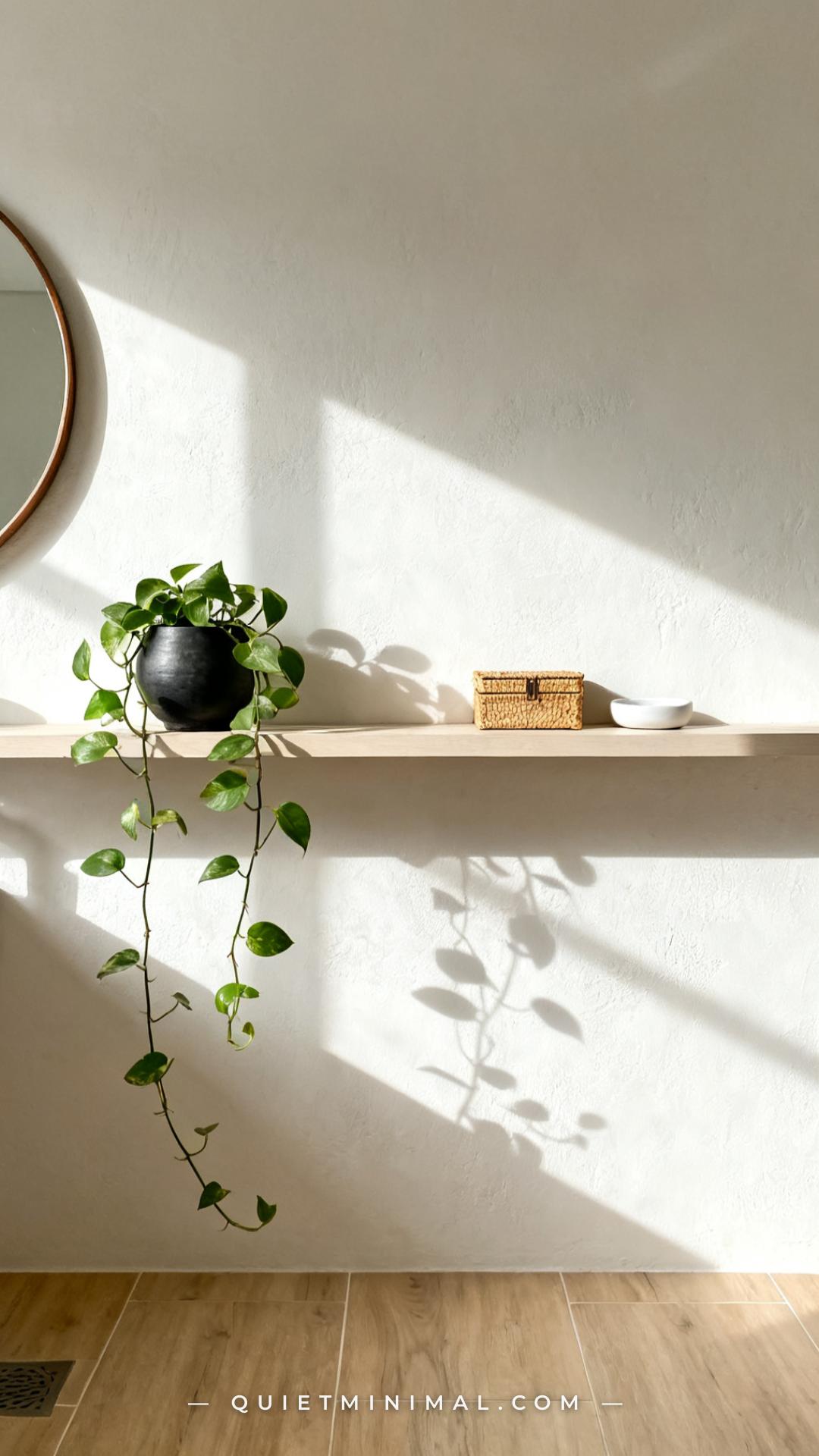 A wide establishing shot of a minimalist bathroom floating shelf mounted at eye level on a warm white plaster wall