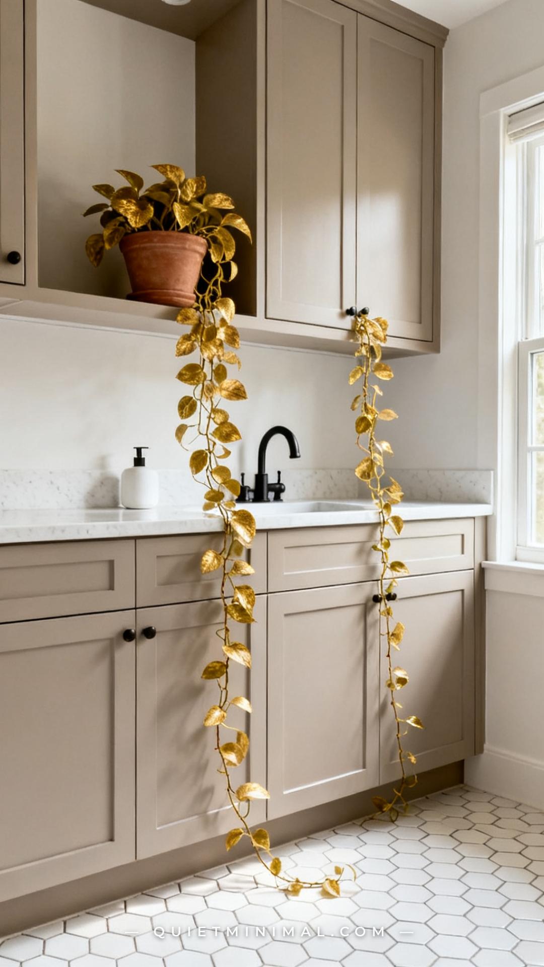 A wide establishing shot of a bathroom vanity with overhead cabinets mounted high on the wall